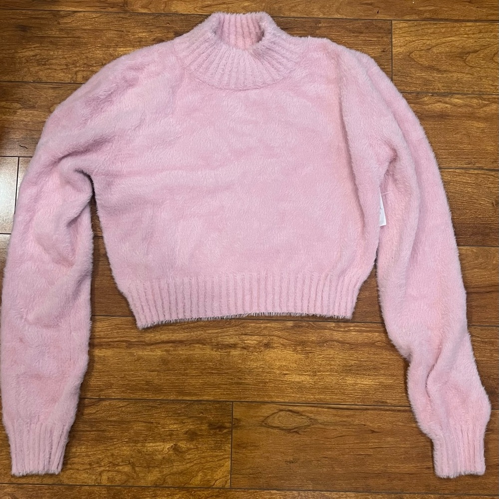 La Hearts Plush Pink Mock Neck Cropped Sweater